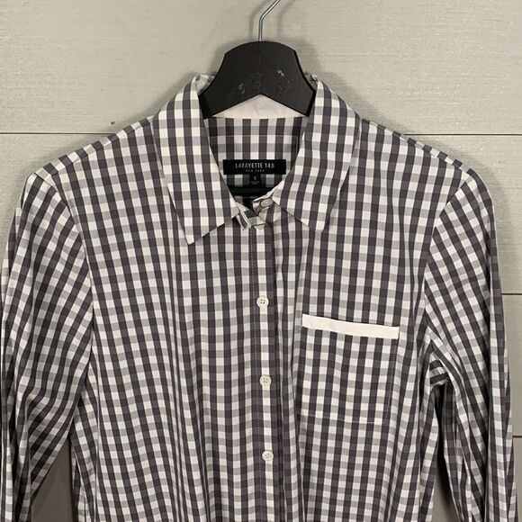 Lfayette 148 grey and white tee button down plaid checkered Womans dress shirt S - Picture 2 of 9